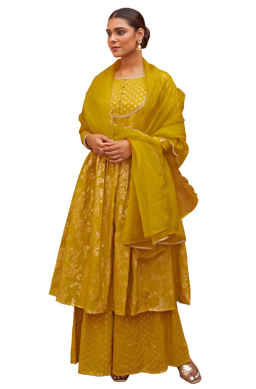 Janasya Women's Yellow Brocade Woven Design Kurta with Palazzo and Dupatta