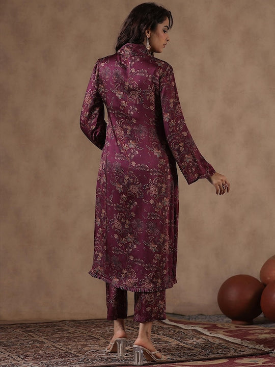 Scakhi Floral Printed Regular Sequinned Satin Kurta with Palazzos