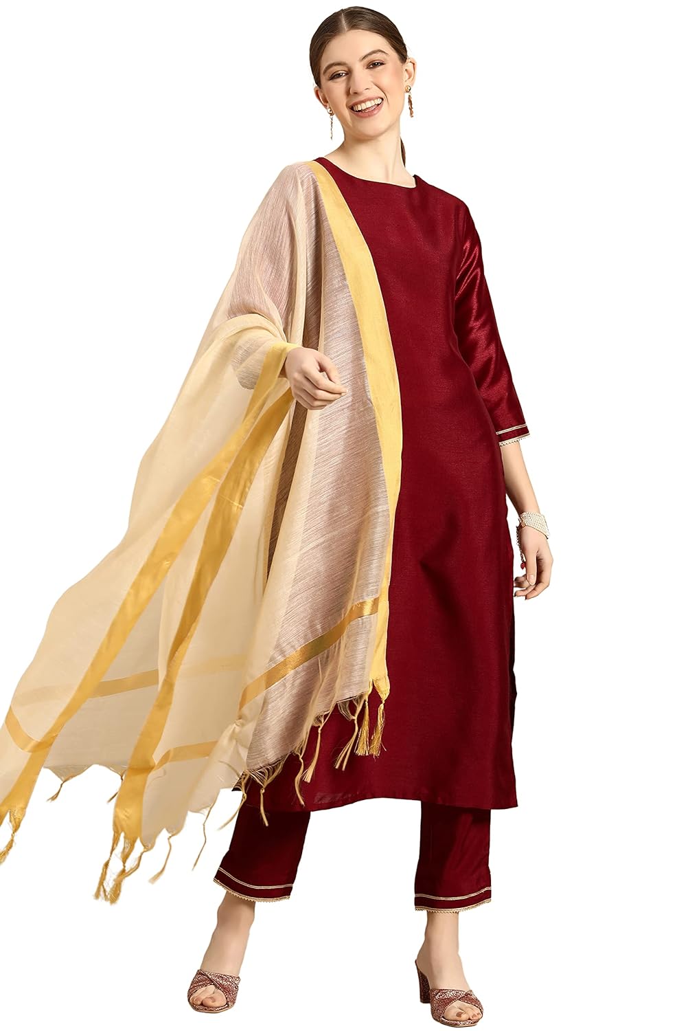 Janasya Women's Maroon Poly Silk Kurta With Pant And Dupatta
