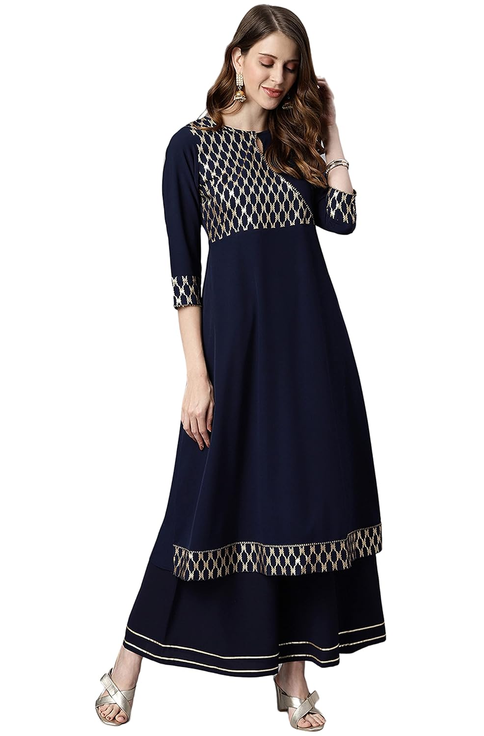 Janasya Women's Navy Blue Poly Crepe Kurta