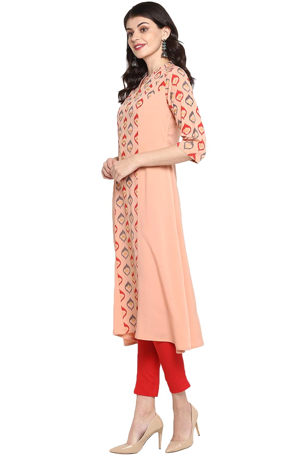 Janasya Women's Peach Poly Crepe A-line Kurta