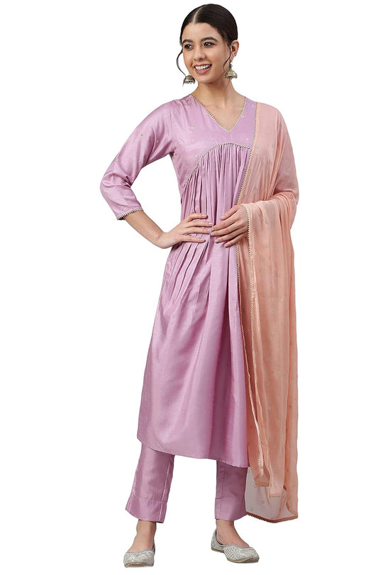 Janasya Women's Mauve Poly Silk Solid Kurta with Pant and Dupatta