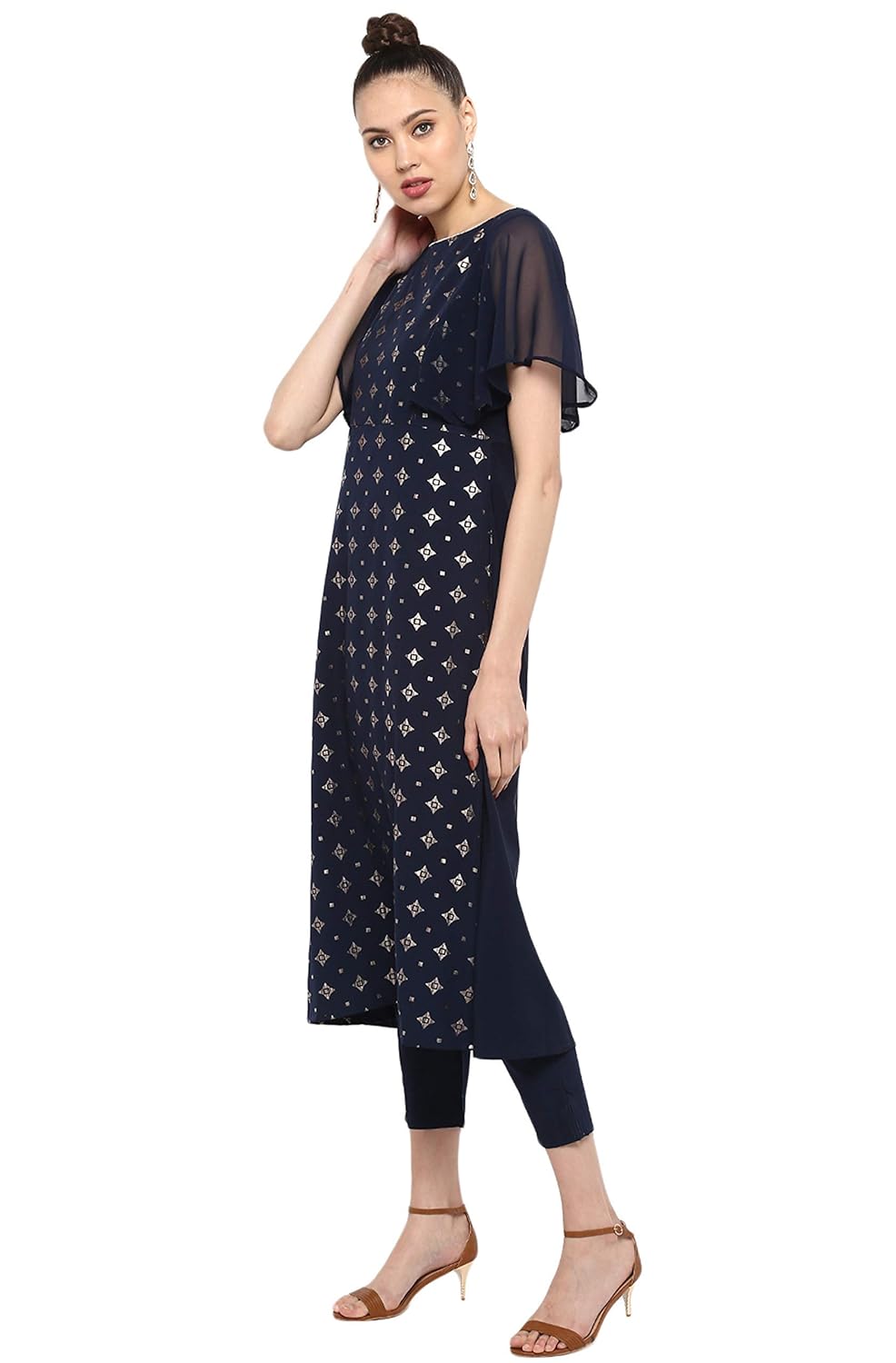 Janasya Women's Crepe A-line Kurta with Pant Black