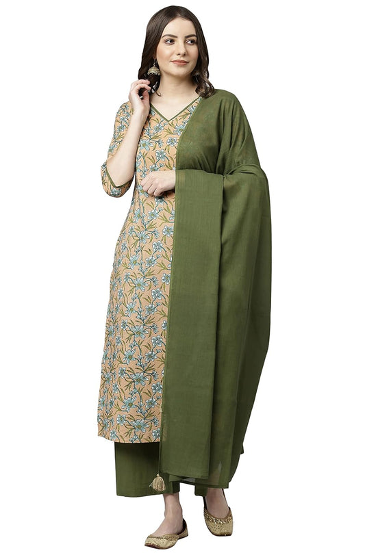 Janasya Women's Teal Blue Cotton Kurta With Pant And Dupatta