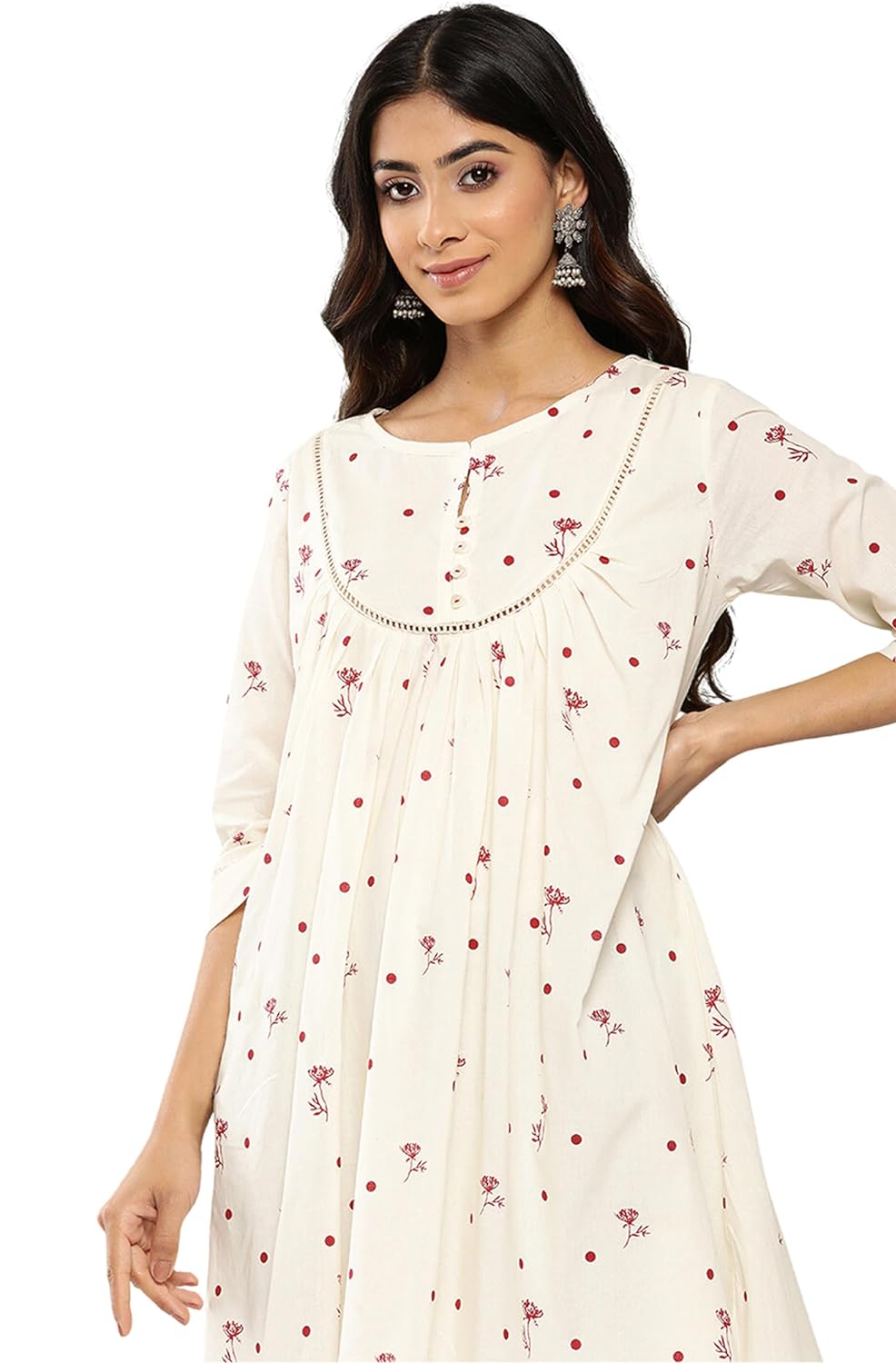Janasya Women's Off White Cambric Cotton Botanical Print Flared Tunic
