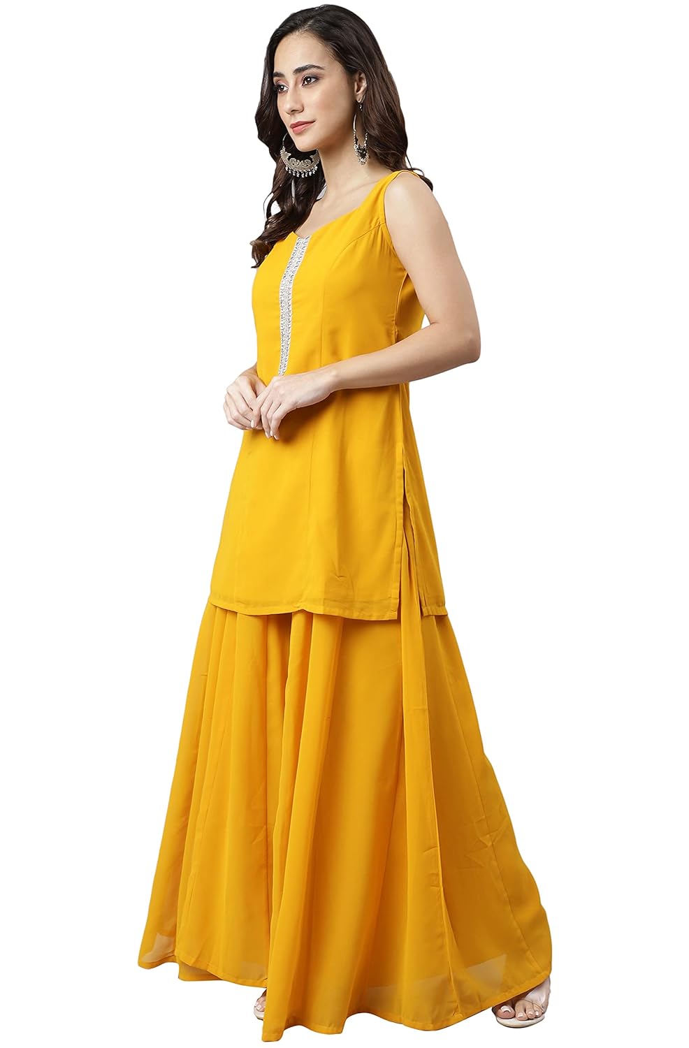 Janasya Women's Mustard Georgette Solid Kurta with Kali Palazzo and Dupatta