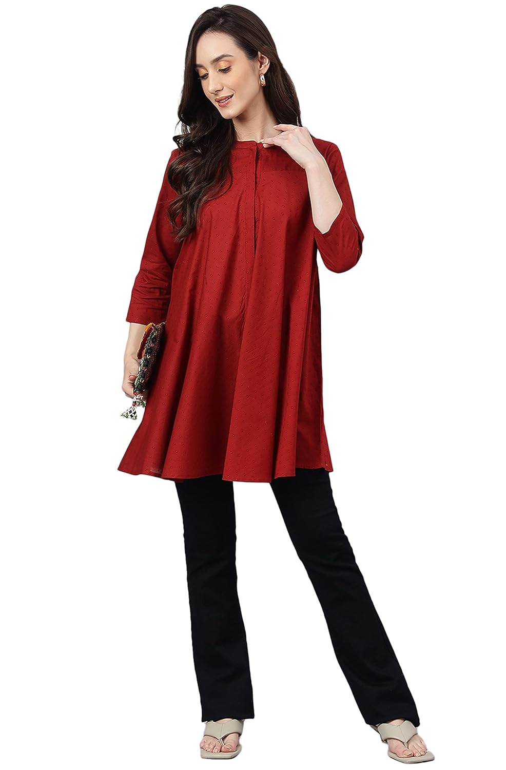 Janasya Women's Maroon Dobby Cotton Solid A-Line Tunic