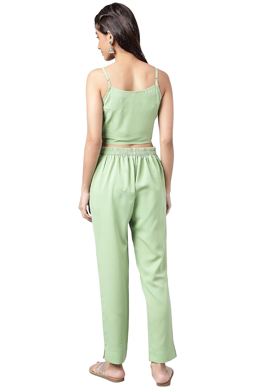 Janasya Women's Light Green Georgette Foil Printed Kurta with Pants and Crop top