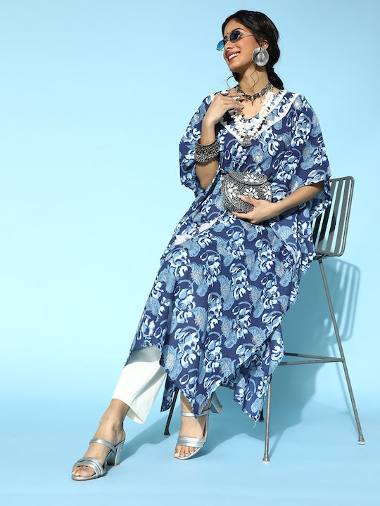 Yufta Blue Cotton Kaftan Kurta