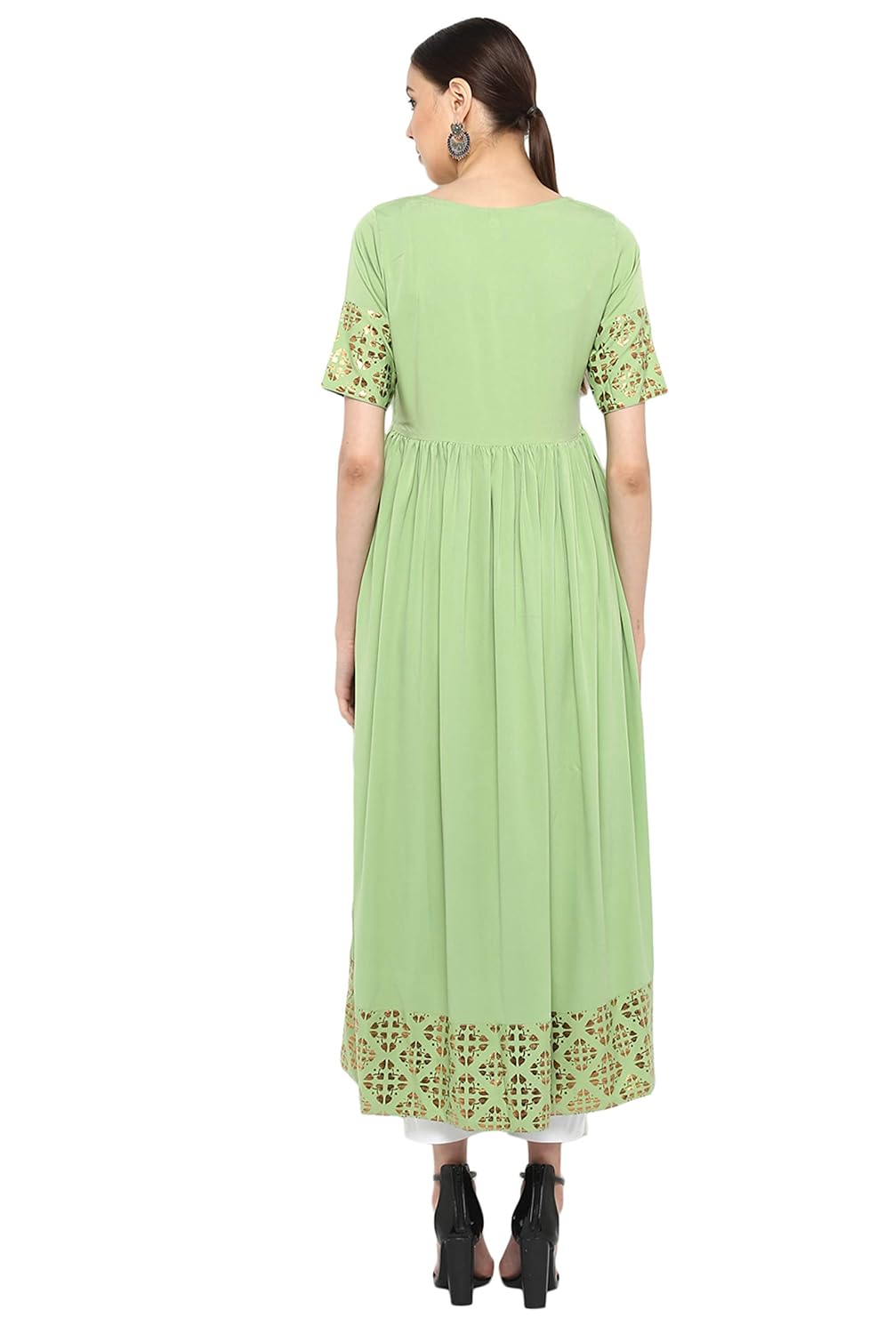Janasya Women's Poly Crepe Gold Print Flared Kurta Green