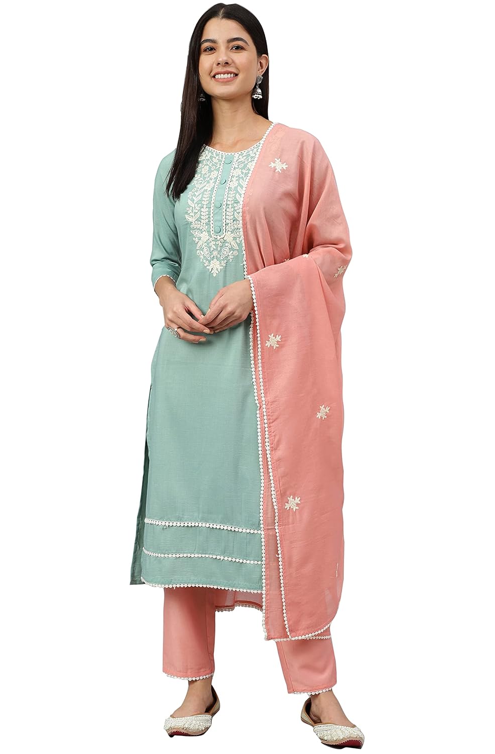 Janasya Women's Green Poly Silk Embroidered Kurta with Pant and Dupatta