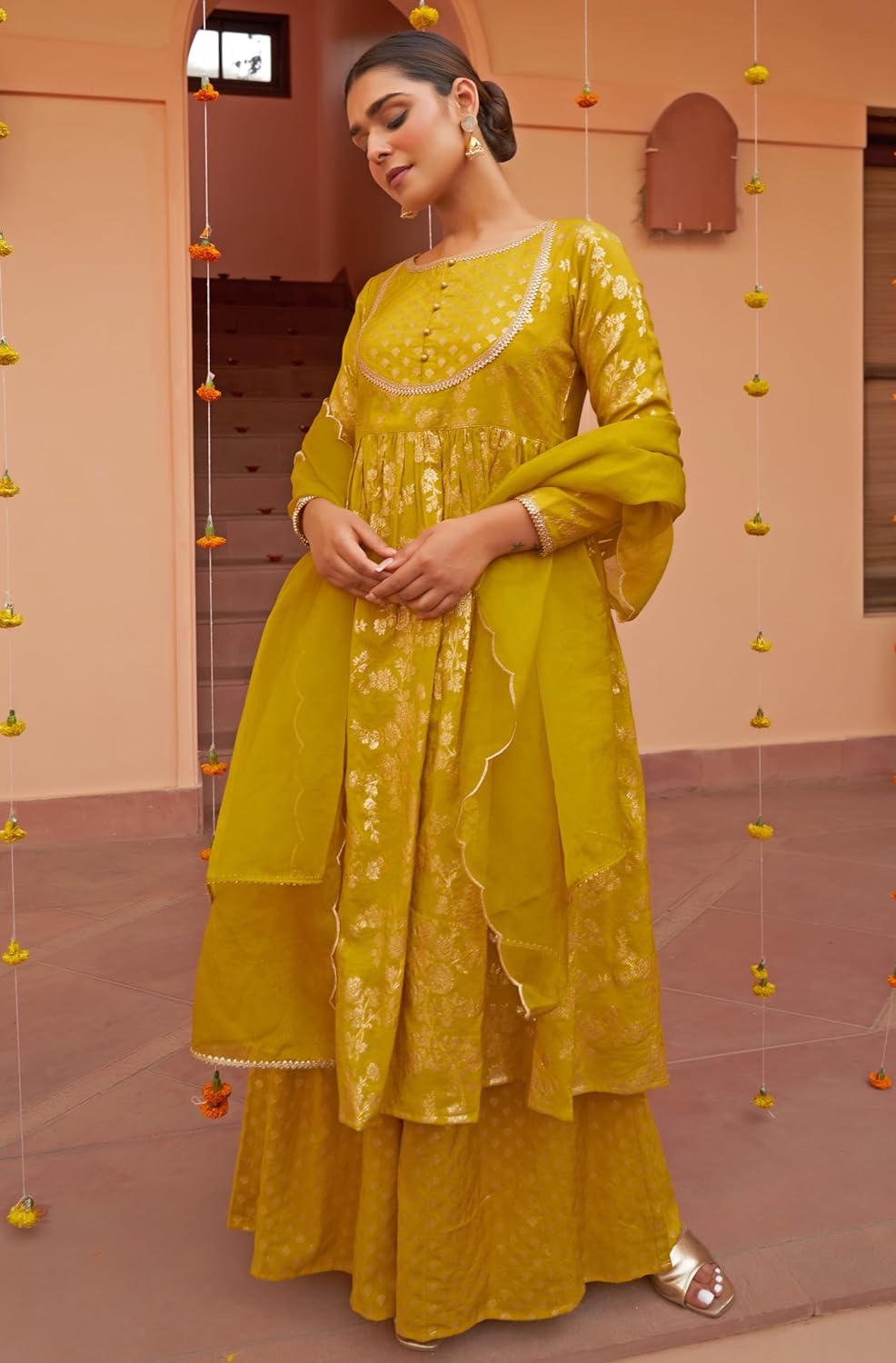 Janasya Women's Yellow Brocade Woven Design Kurta with Palazzo and Dupatta