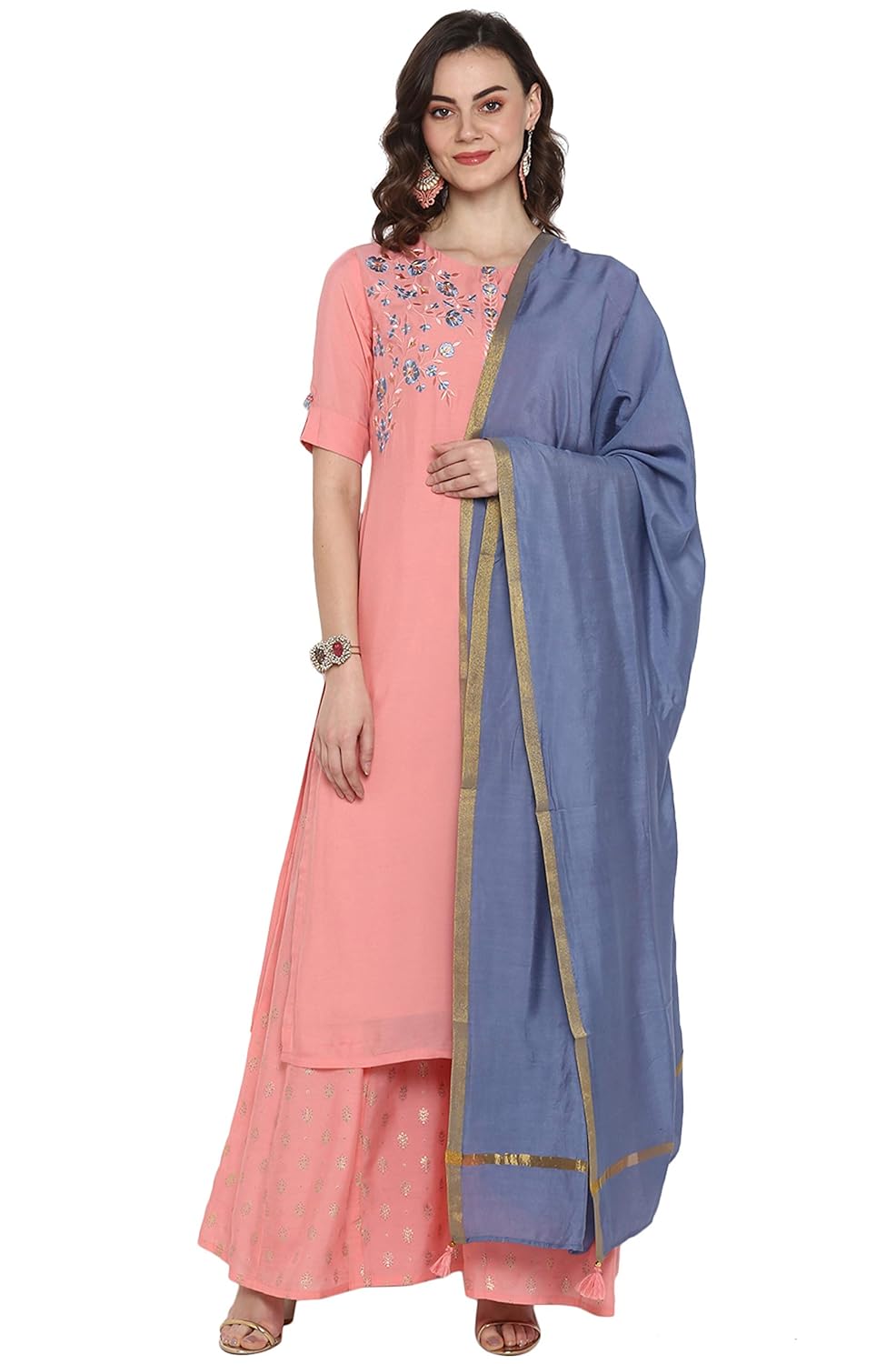 Janasya Women's Pink Poly Muslin Kurta With Palazzo and Dupatta - 3XL