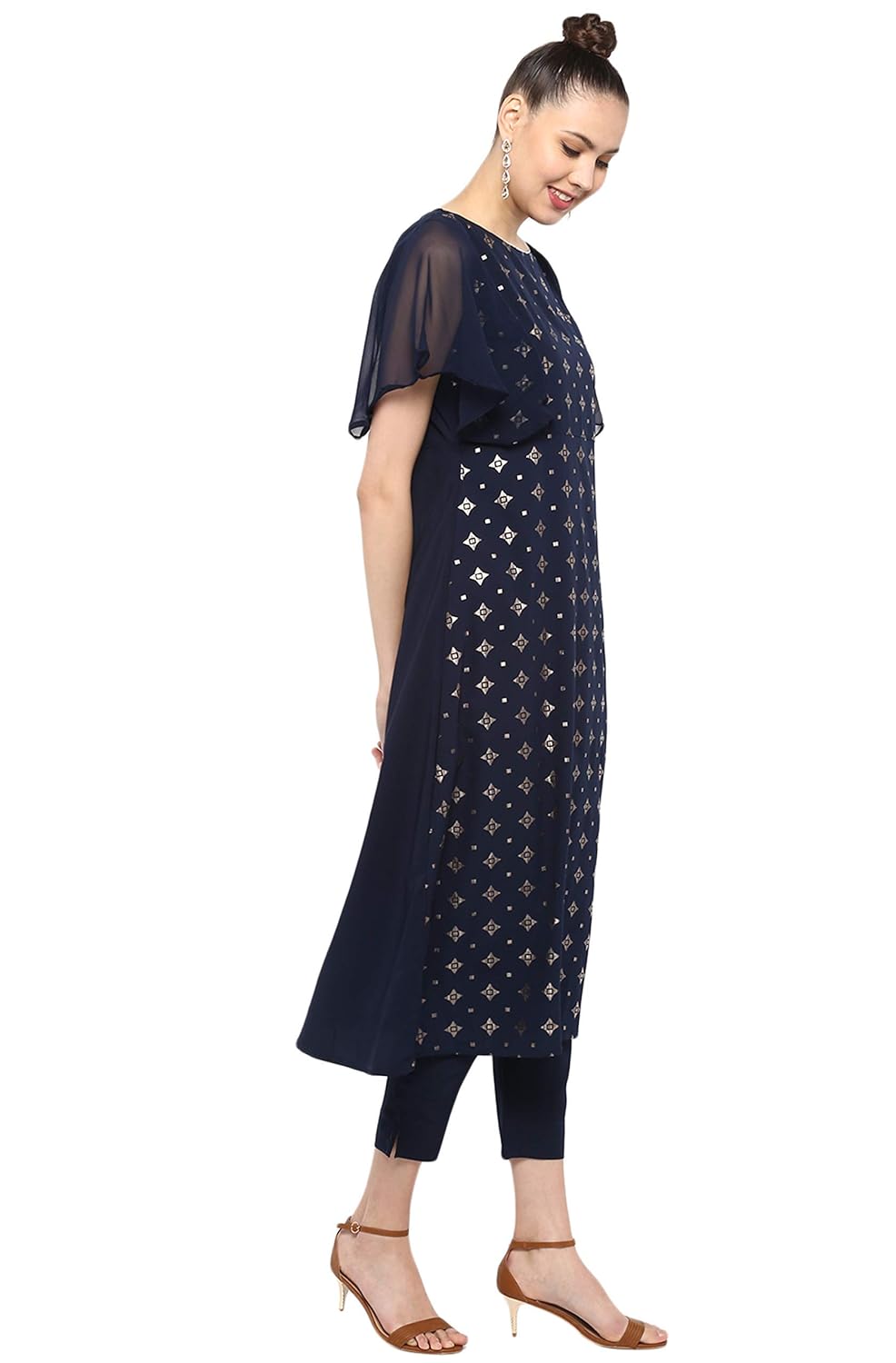 Janasya Women's Crepe A-line Kurta with Pant Black