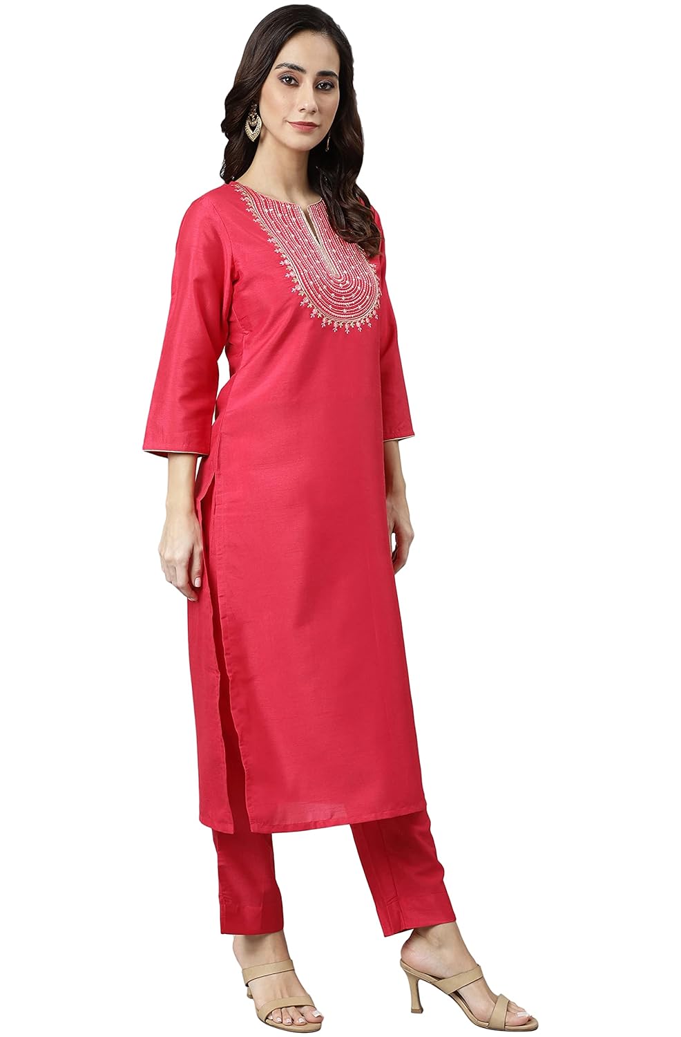 Janasya Women's Pink Poly Silk Solid Kurta with Pant and Dupatta