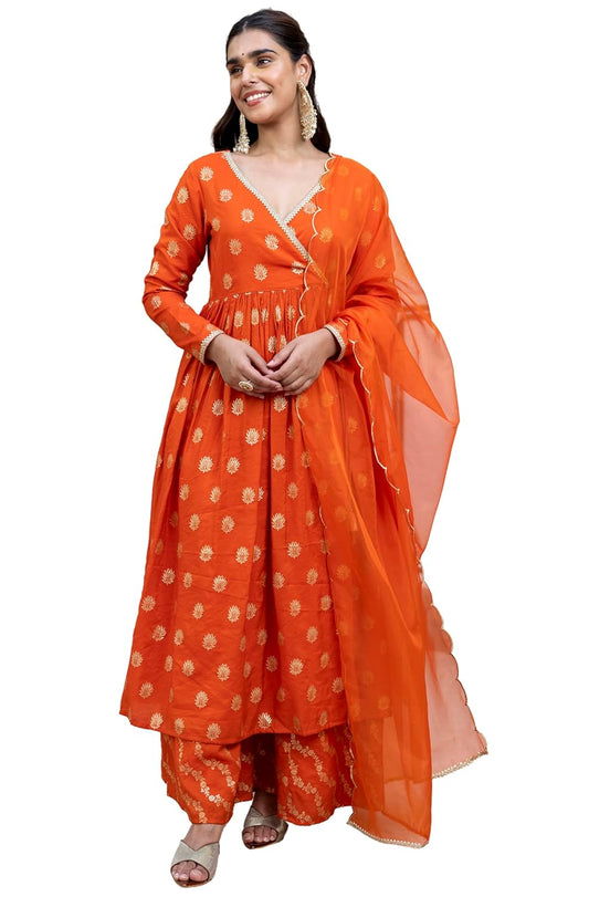 Janasya Women's Orange Brocade Woven Design Kurta with Palazzo and Dupatta