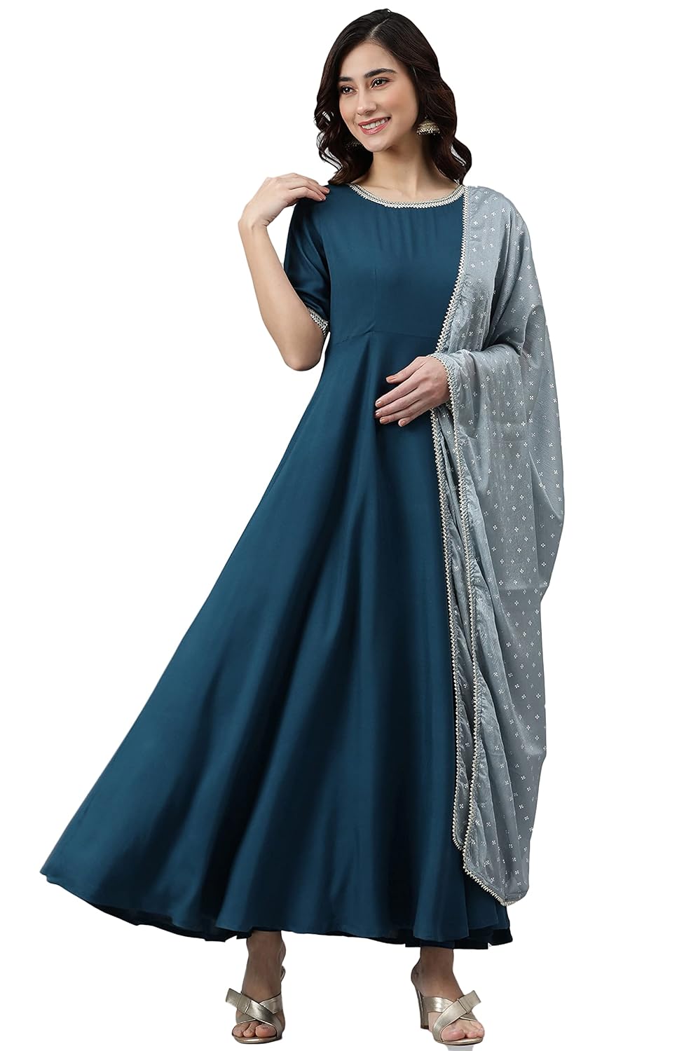 Janasya Women's Teal Rayon Kurta with Dupatta