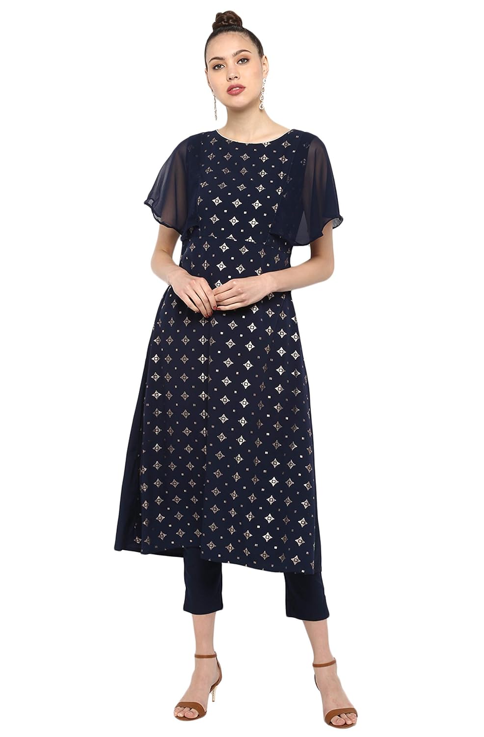 Janasya Women's Crepe A-line Kurta with Pant Black
