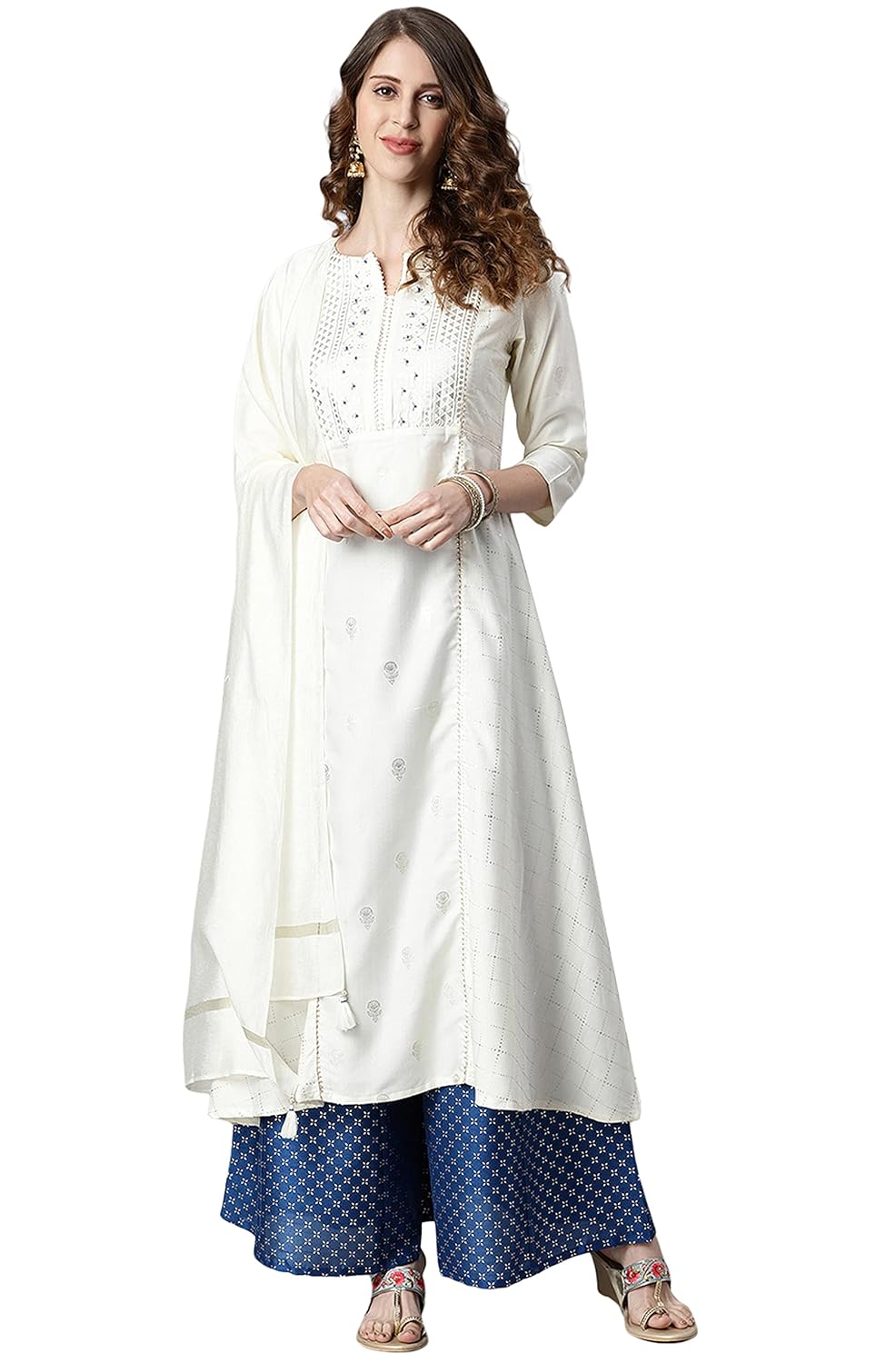 Janasya Women's Off- White and Silver Poly Silk Kurta With Palazzo and Dupatta