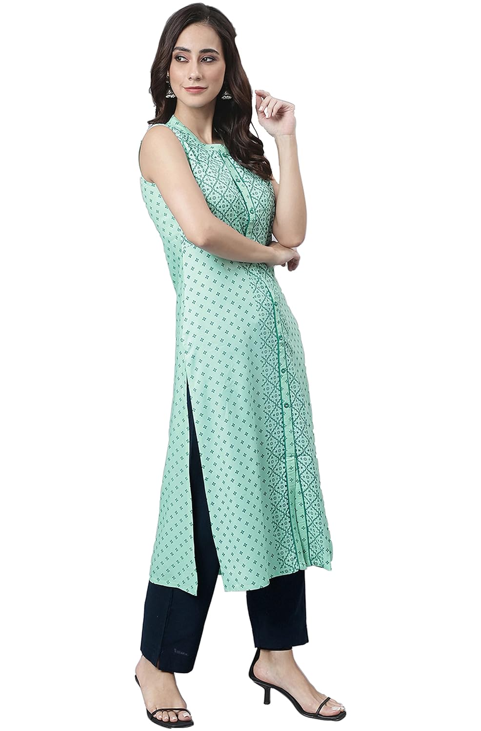Janasya Women's Sea Green Rayon Ethnic Motifs Straight Kurta
