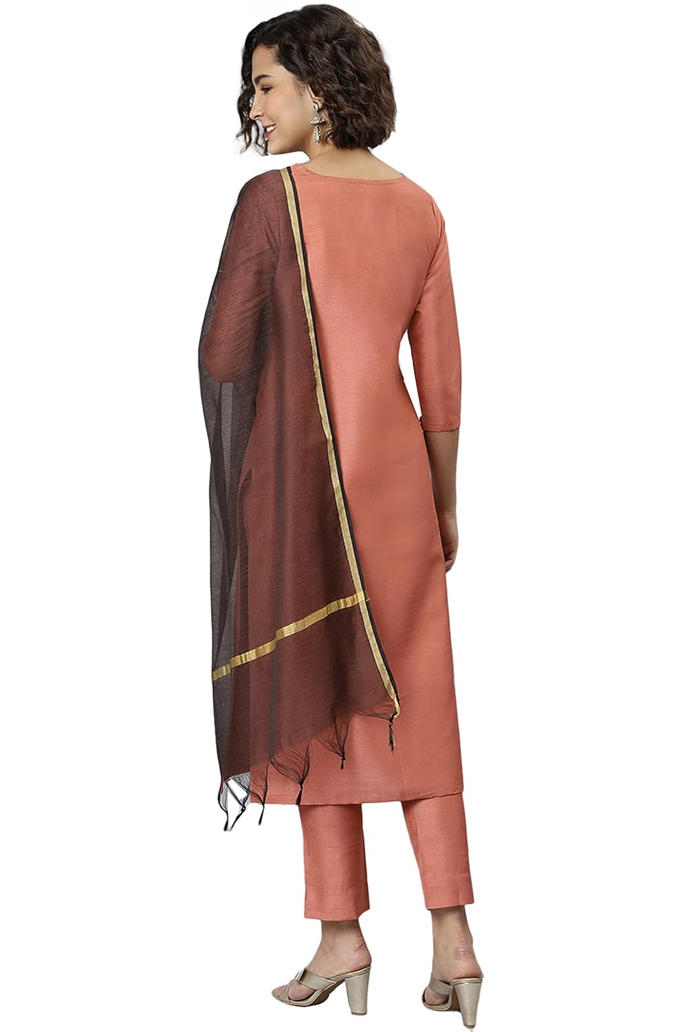 Janasya Women's Poly Silk Kurta With Pant And Art Silk Dupatta Peach
