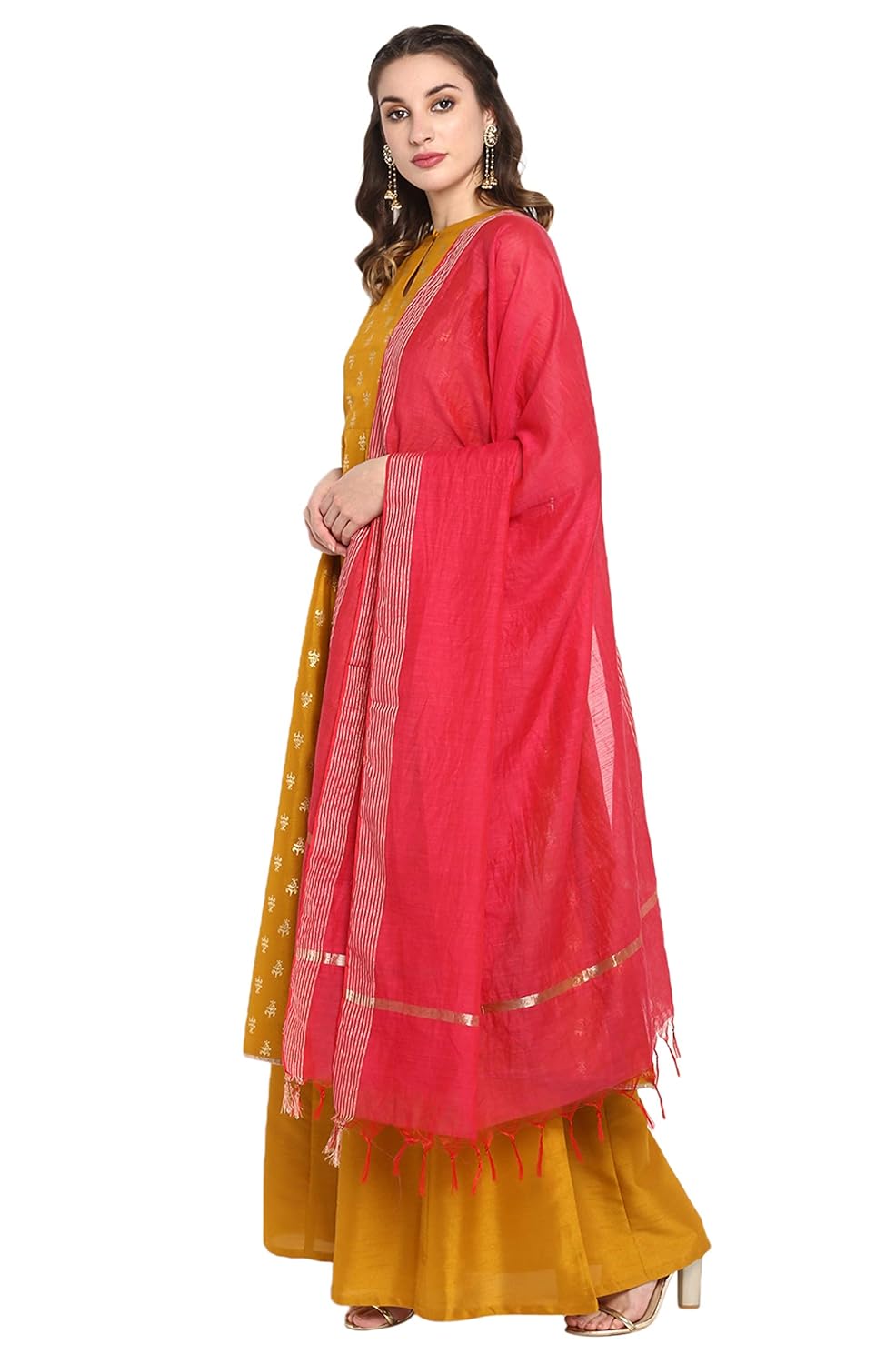 Janasya Women's Mustard Poly Silk Gold Print Kurta with Palazzo and Dupatta