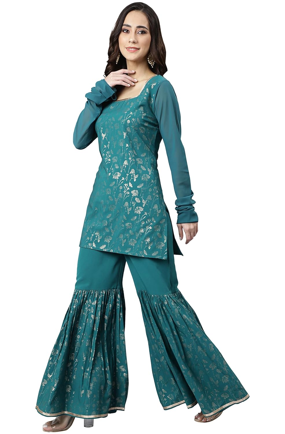 Janasya Women's Teal Crepe Gold Print Kurta with Gharara