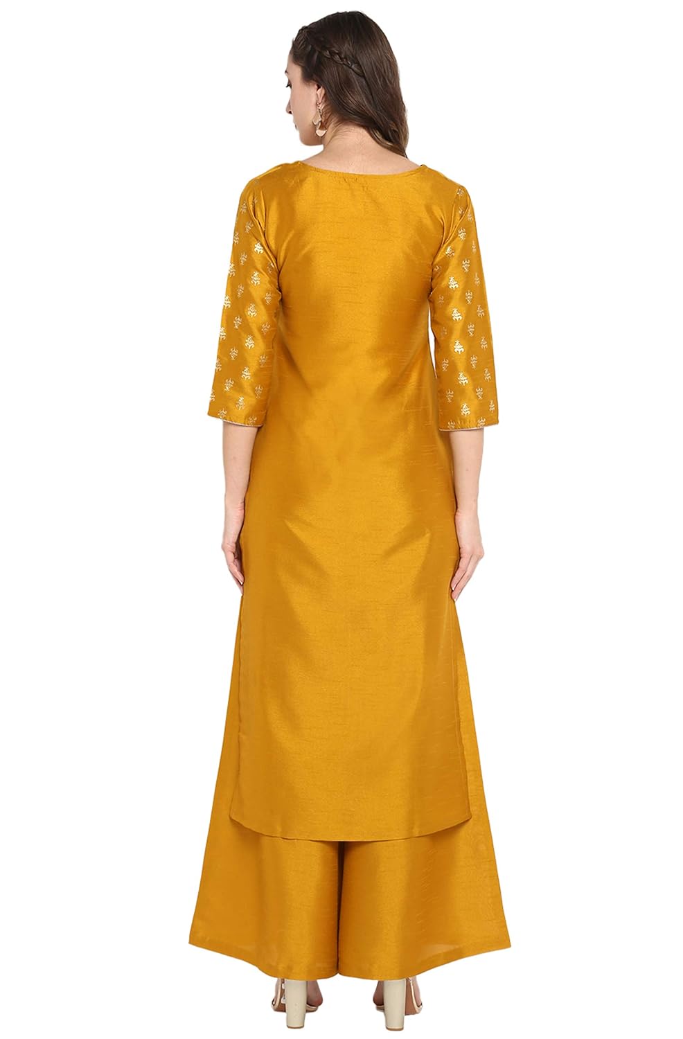 Janasya Women's Mustard Poly Silk Floral Print Kurta with Palazzo