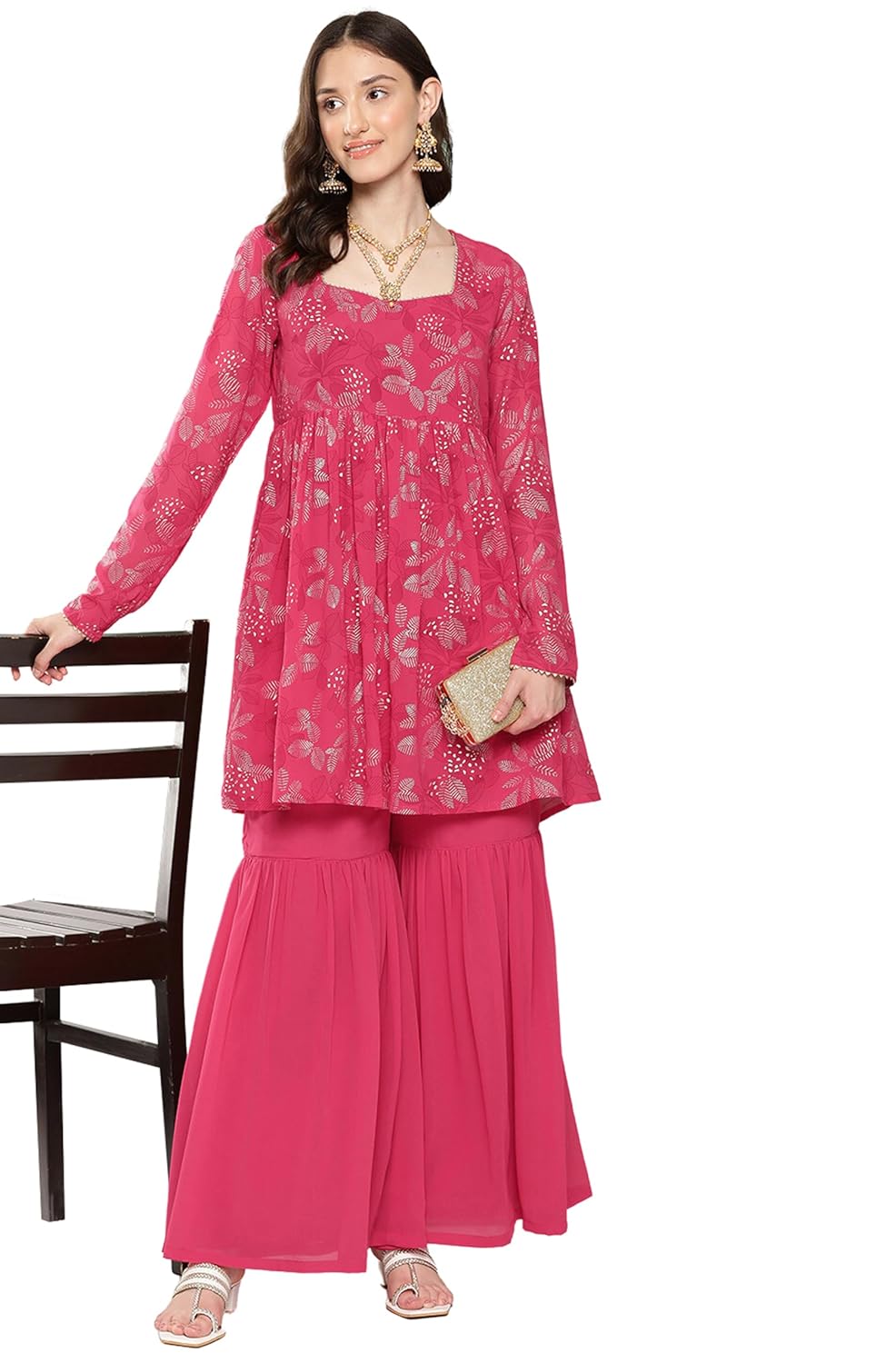 Janasya Women's Pink Georgette Foil Printed Short Kurta with Sharara