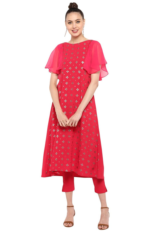 Janasya Women's Crepe A-line Kurta with Pant Pink