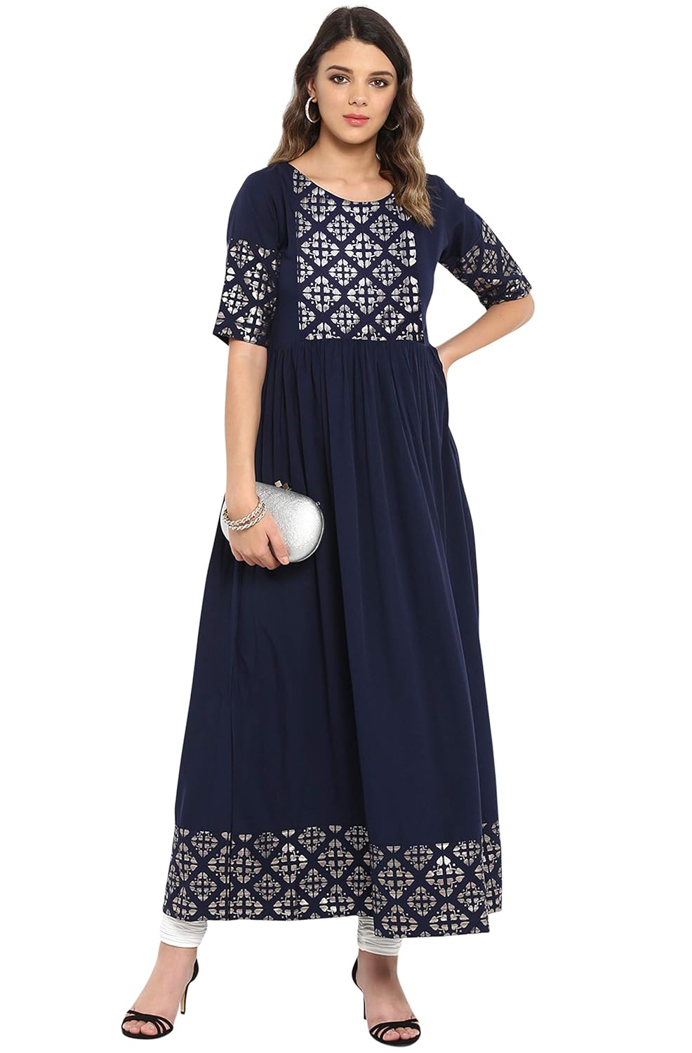 Janasya Women's Poly Crepe Gold Print Flared Kurta Navy Blue