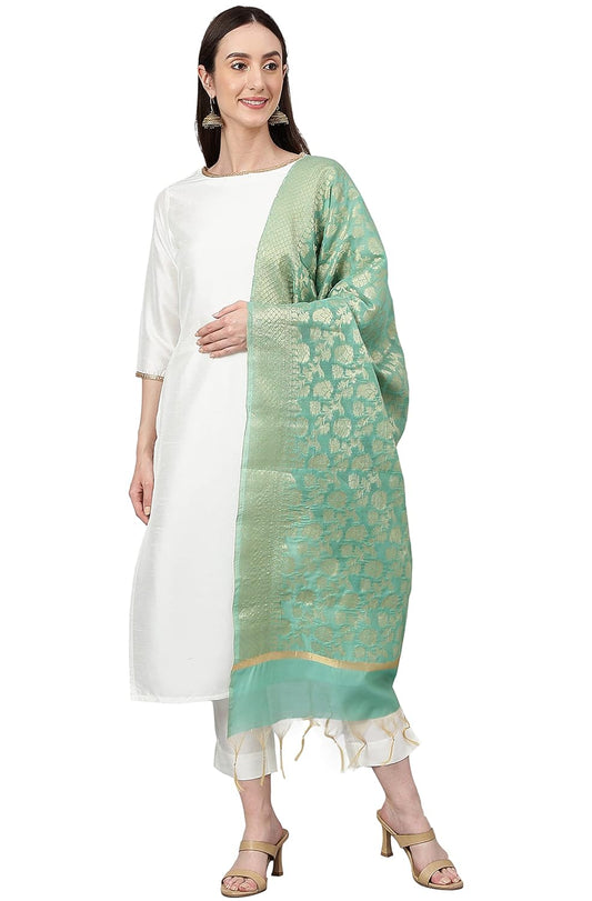 Janasya Women's Off White Crepe Silk Solid Kurta with Pant and Dupatta