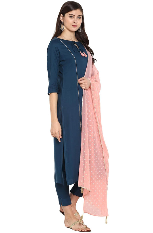 Janasya Women's Turquoise Blue Rayon Kurta with Pant and Dupatta