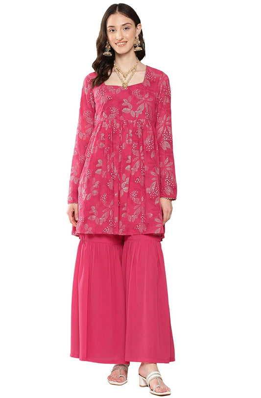 Janasya Women's Pink Georgette Foil Printed Short Kurta with Sharara