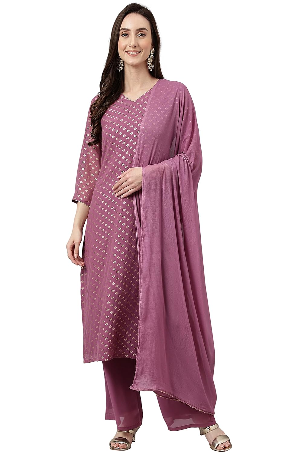 Janasya Women's Purple Georgette Foil Print Kurta with Palazzo and Dupatta