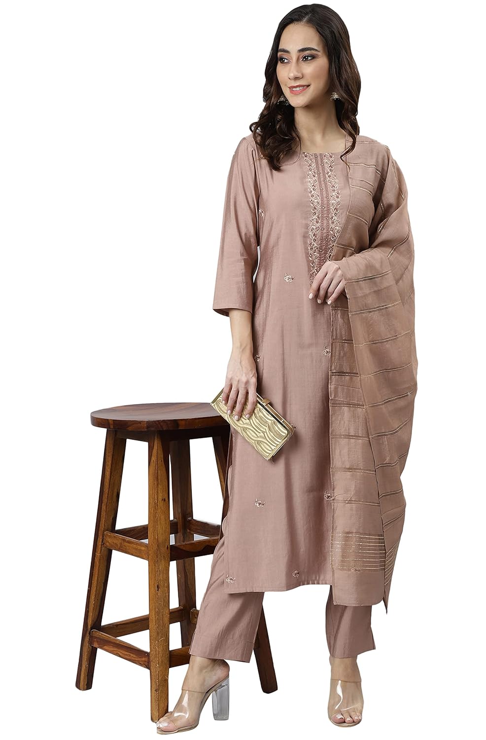 Janasya Women's Dusty Rose Viscose Blend Embroidered Kurta with Pant