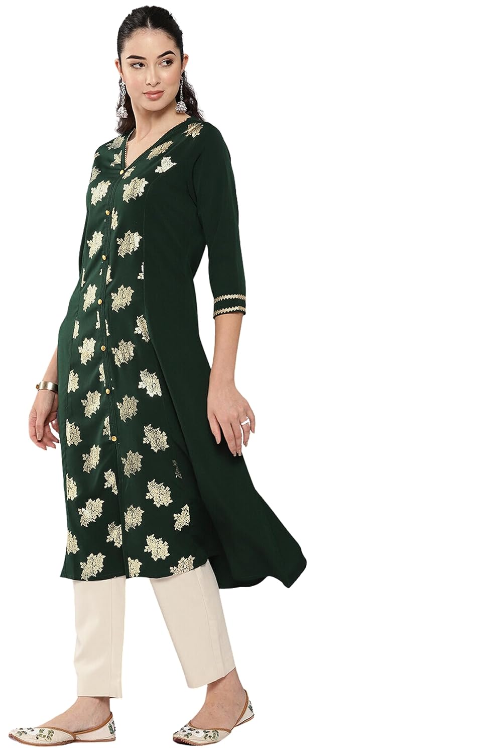 Janasya Women's Bottle Green Crepe Foil Printed A-Line Kurta