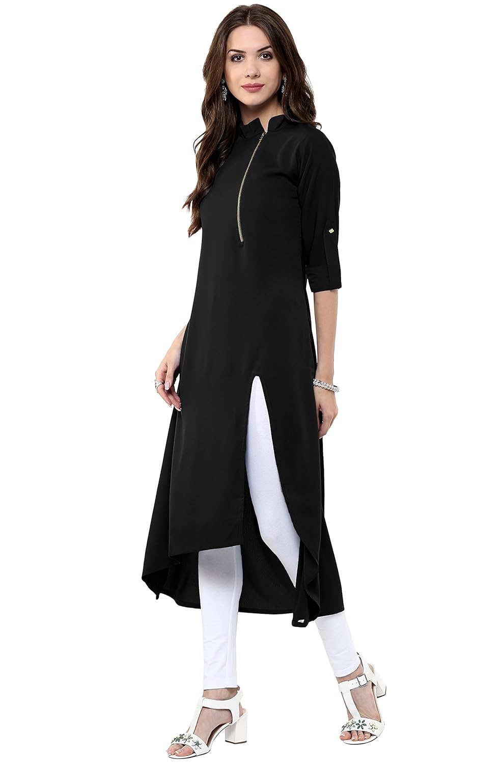 Janasya Women's Poly Crepe Solid High Low Kurta Black
