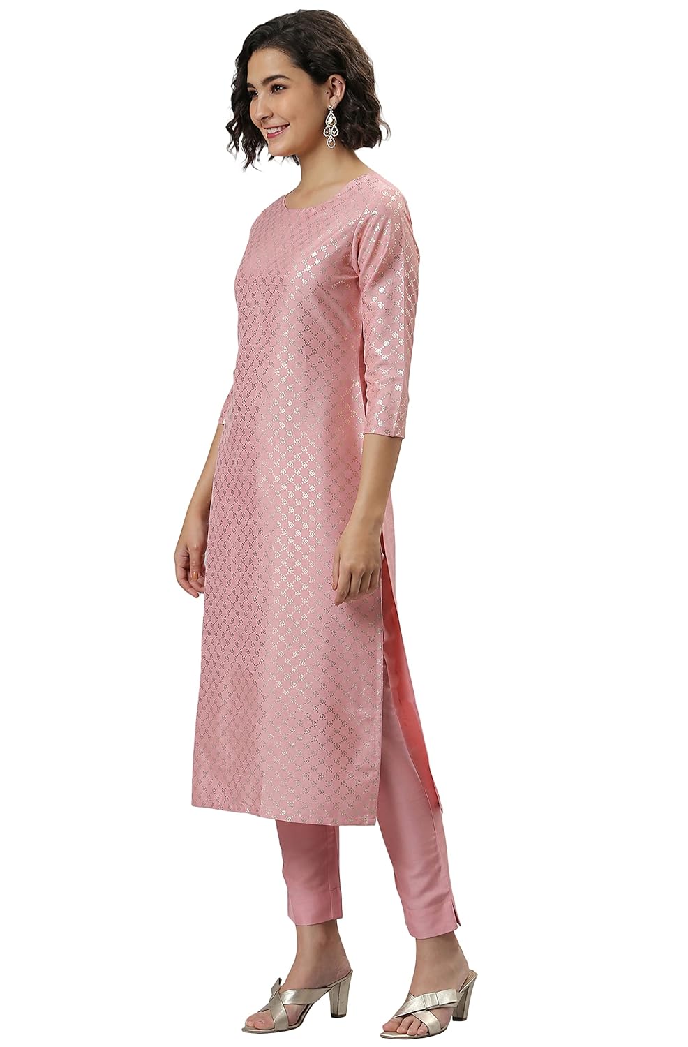 Janasya Women's Pink Poly Silk Floral Print Kurta with Pant