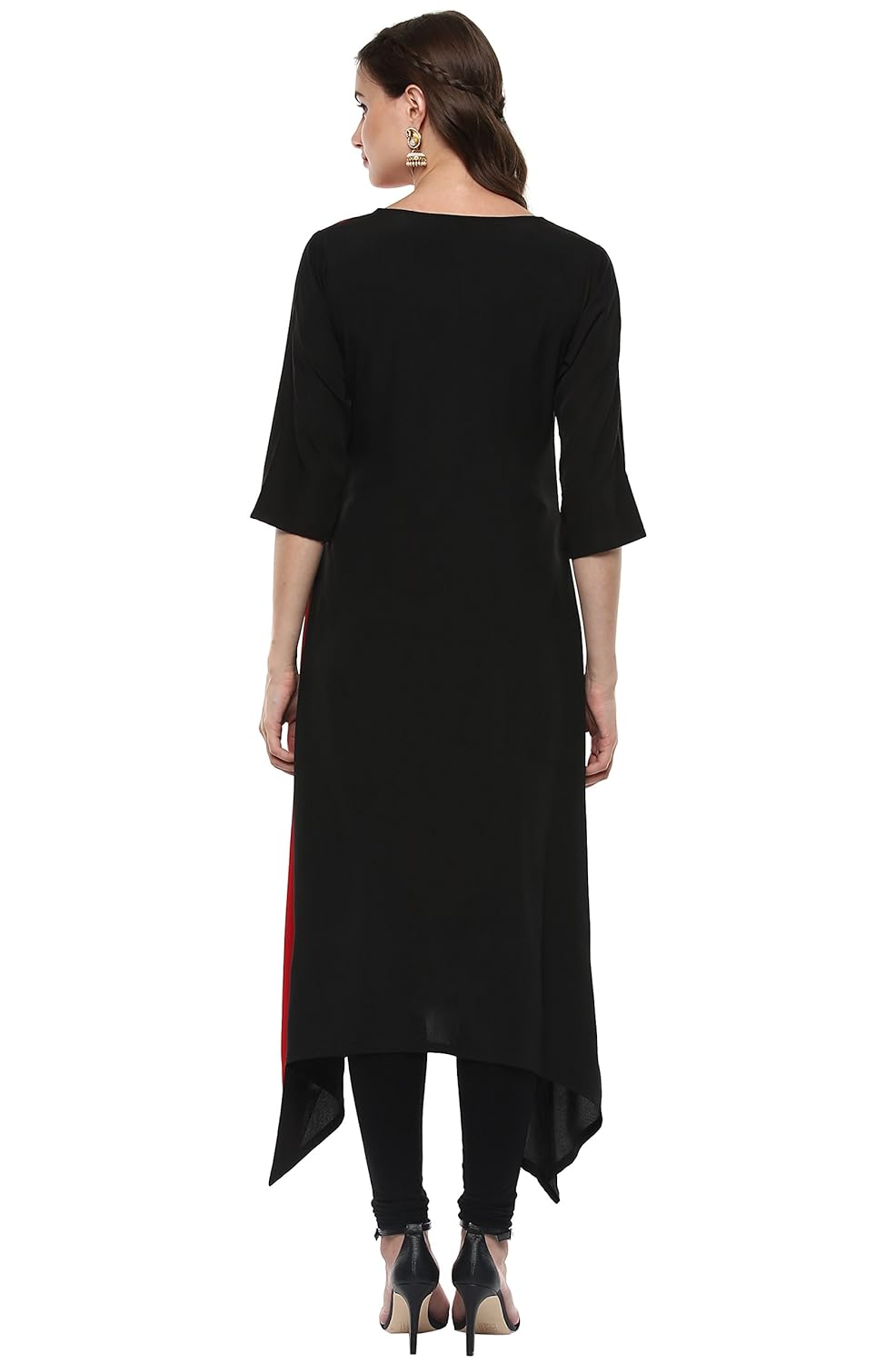 Janasya Women's Black and Red Poly Crepe Asymmetric Kurta