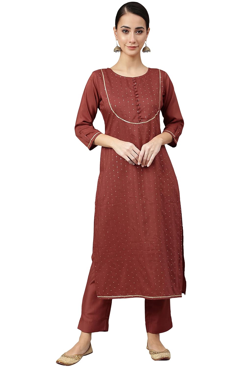 Janasya Women's Rust Poly Silk Sequined Kurta with Pant