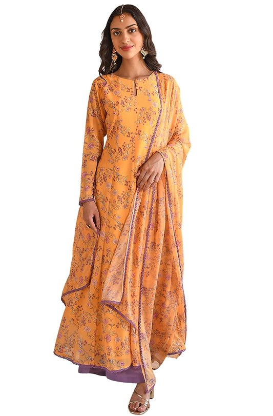 Janasya Women's Yellow Georgette Floral Print Kurta with Flared Palazzo and Dupatta