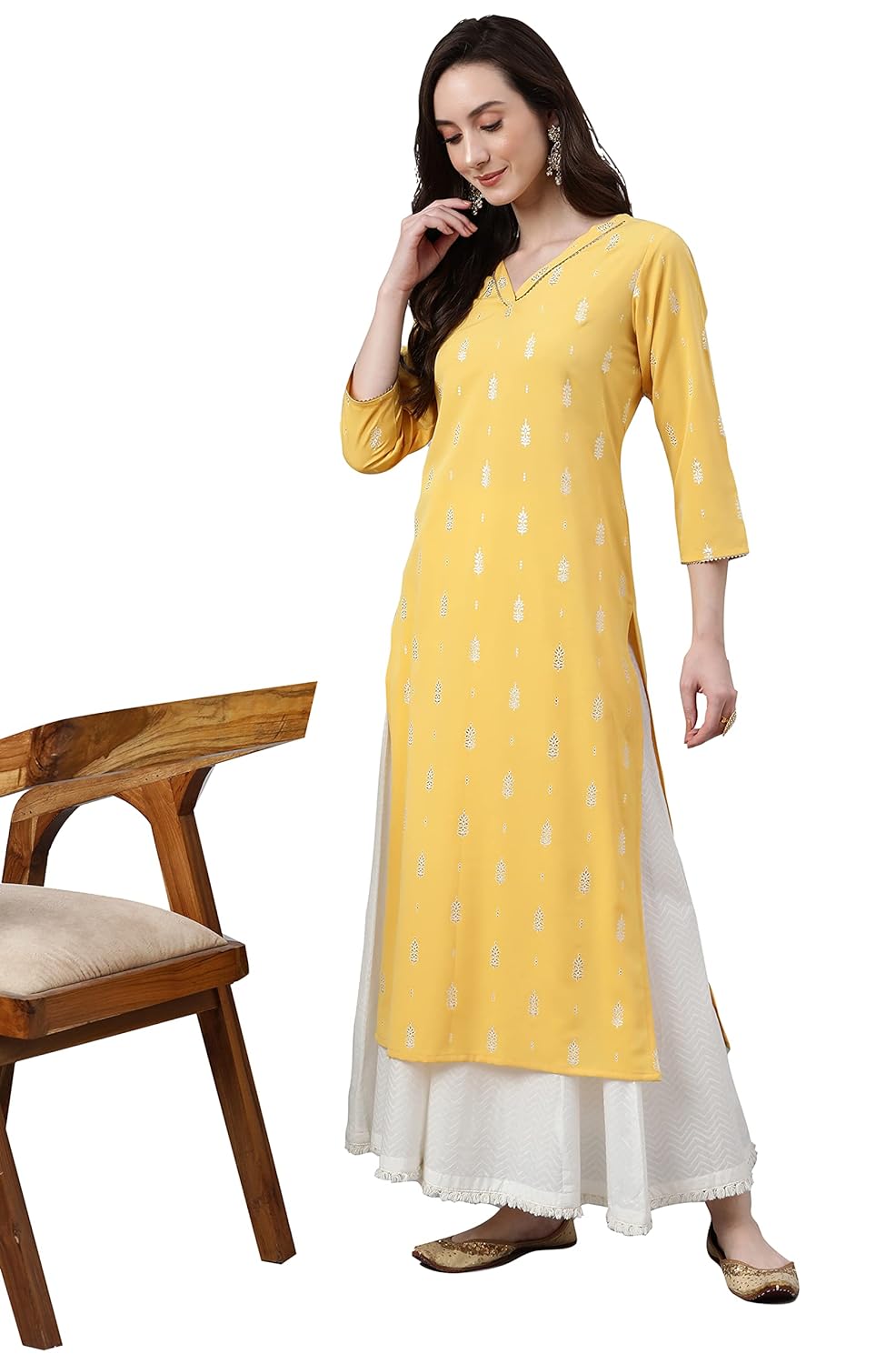 Janasya Women's Mustard Crepe Foil Print Straight Kurta