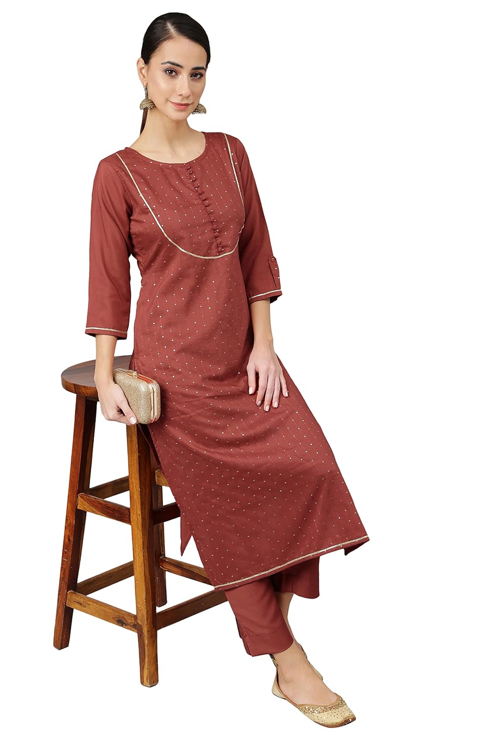 Janasya Women's Rust Poly Silk Sequined Kurta with Pant