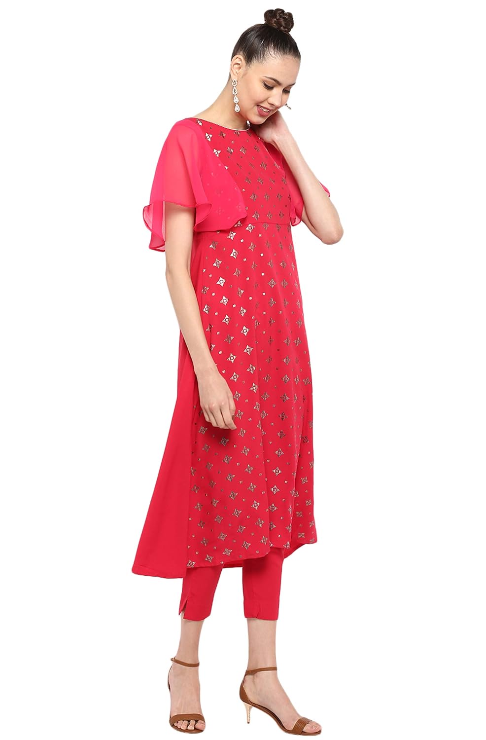 Janasya Women's Crepe A-line Kurta with Pant Pink