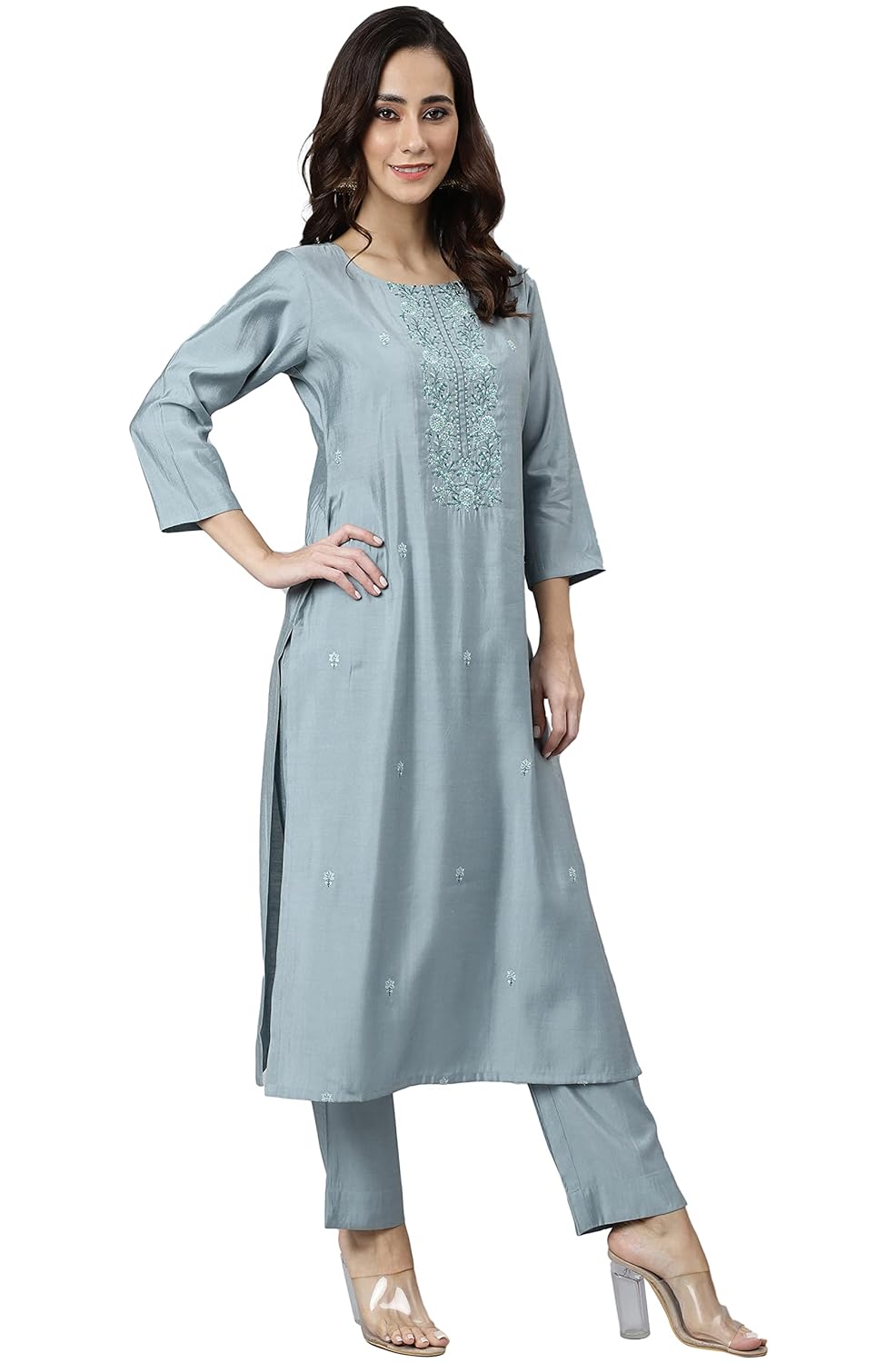 Janasya Women's Dusty Blue Viscose Blend Embroidered Kurta with Pant