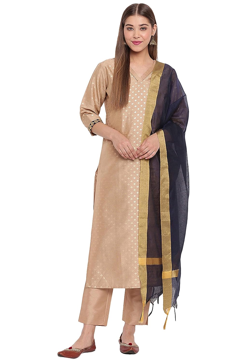 Janasya Women's Beige Poly Silk Straight Kurta With Pant And Dupatta - XS