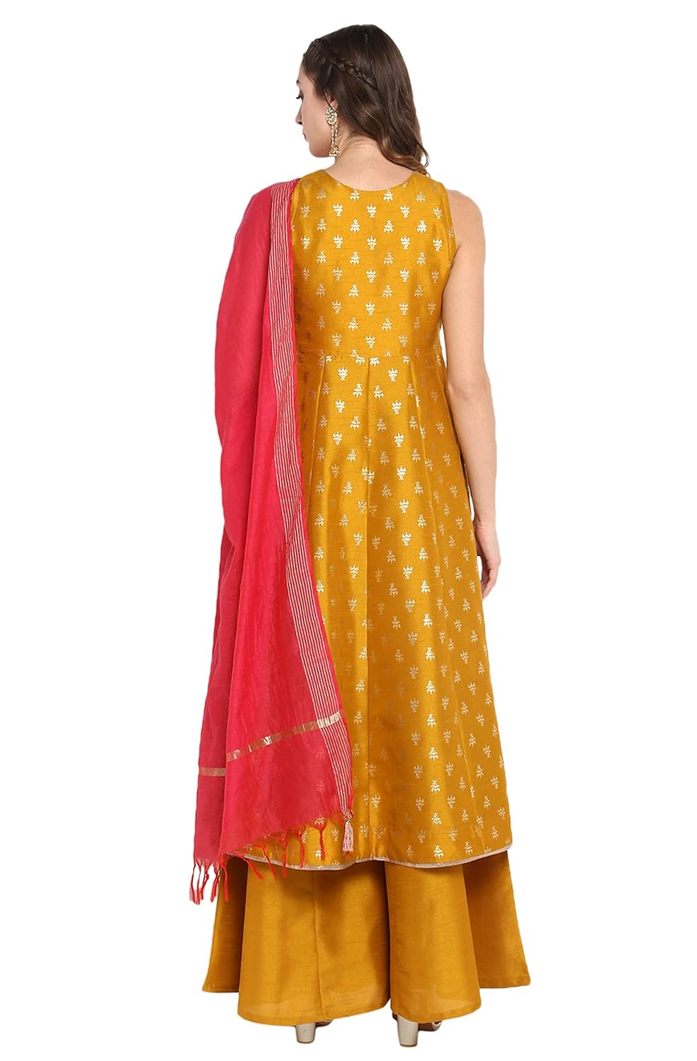 Janasya Women's Mustard Poly Silk Gold Print Kurta with Palazzo and Dupatta