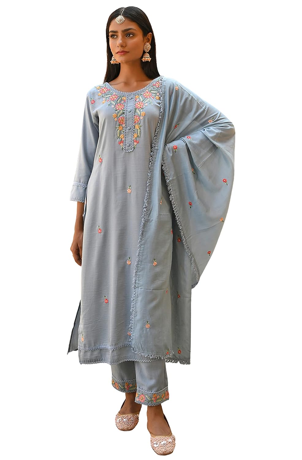 Janasya Women's Mint Blue Poly Silk Floral Embroidery Kurta with Pant and Dupatta