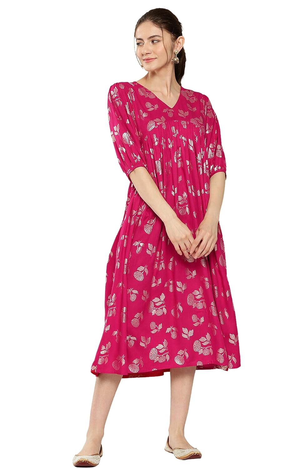 Janasya Women's Pink Rayon Foil Printed Gathered Dress